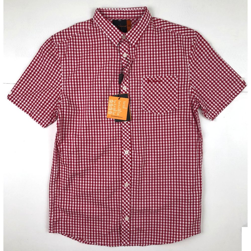 Ben Sherman Boys Check Shirt Red White NWT Button Collared Short Sleeve Size 16